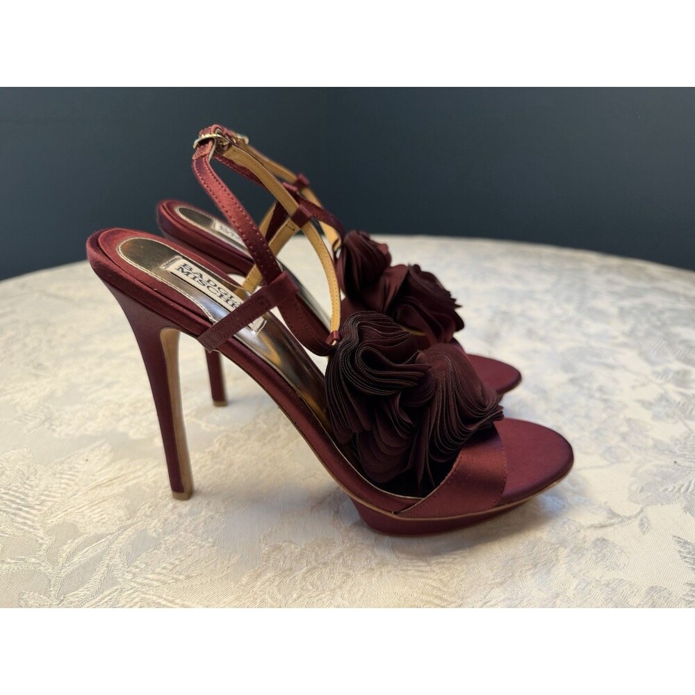 Badgley Mischka Heels Womens Randee Ruffle Flower Ankle Strap Satin Dark Red 10M